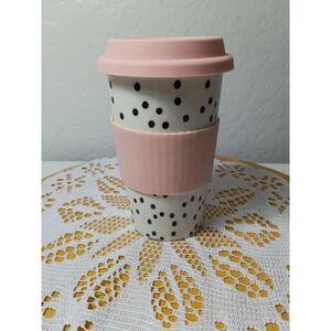 Reusable Black  Polka-Dot Cermic Travel Cup with Silicone lid and Sleeve